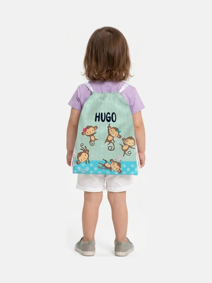 Bolsa mochila guardería personalizada Five little monkeys, puesta a la espalda