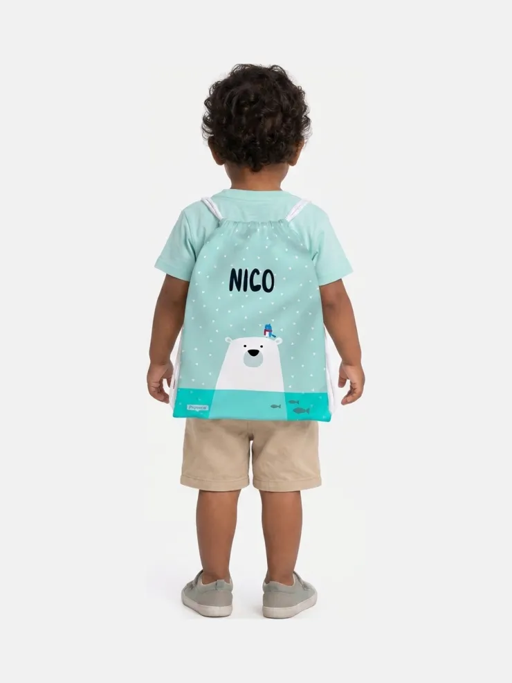 Bolsa mochila guardería personalizada Oso polar, puesta a la espalda