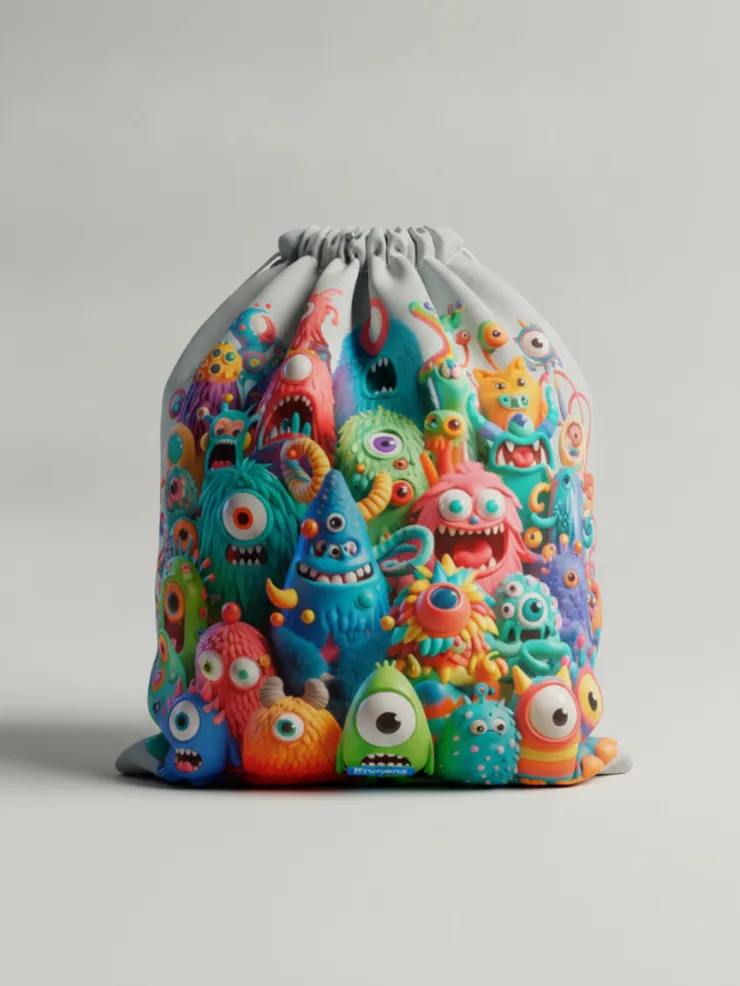 Bolsa guardería impermeable Monstruos de Colores, vista de la bolsa cerrada